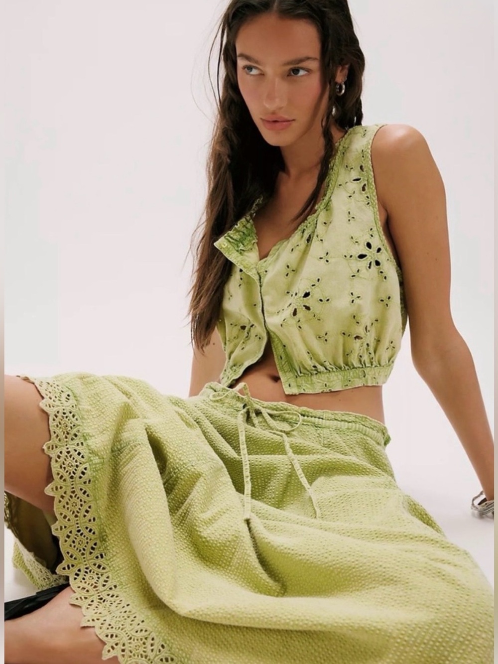 Free People Madelyn Cotton Maxi Skirt Set Sz Small NWT Green Overdye Palm Oasis